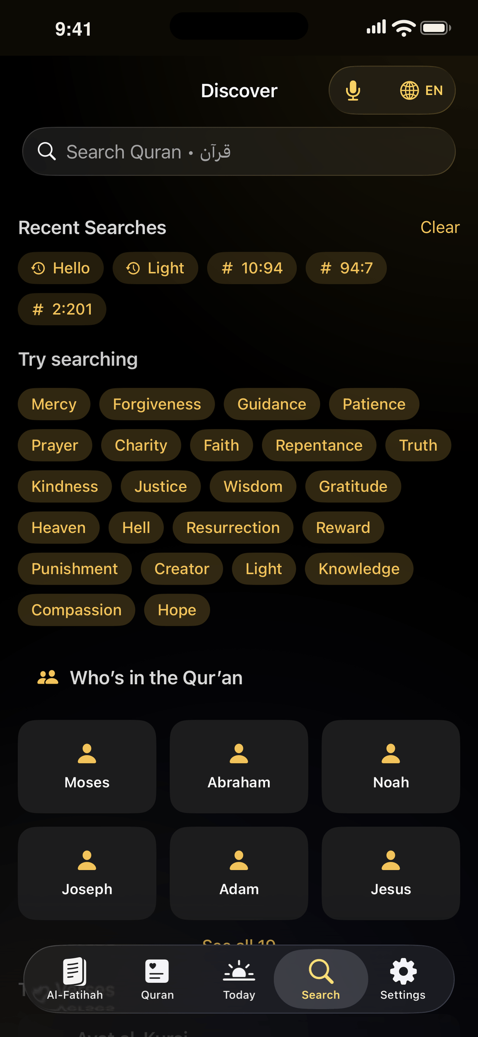 Quran search in Opening with topic chips like Mercy, Forgiveness and Patience, and a Who's in the Quran section