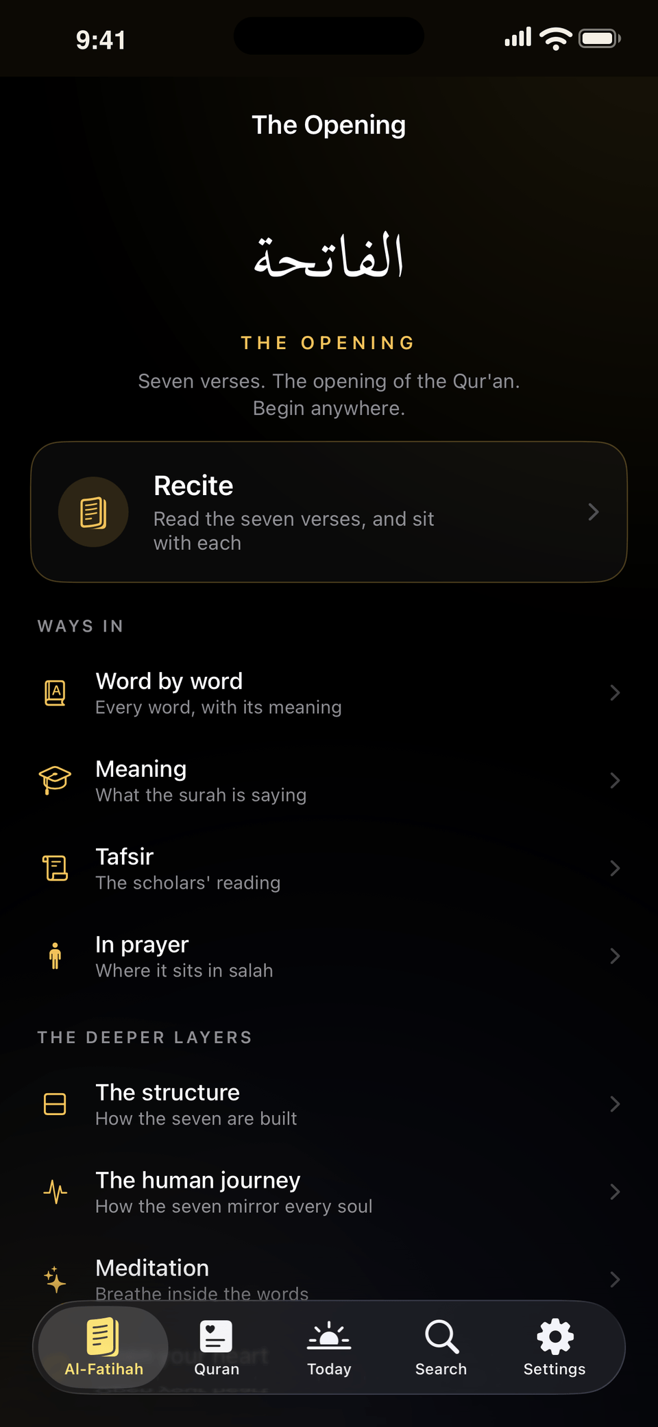 The Al-Fatihah hub in Opening with the surah's ways in: word by word, meaning, tafsir, and its place in prayer