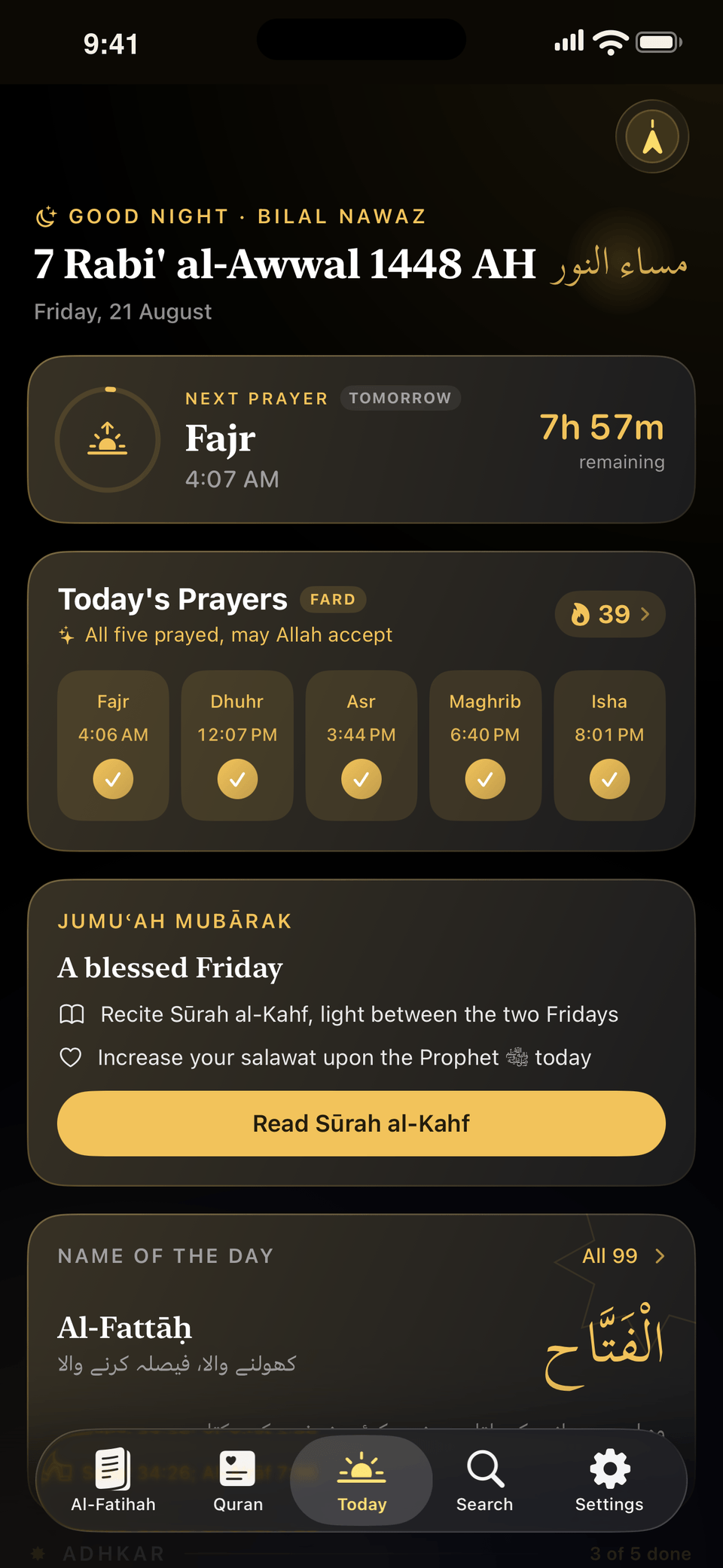 The Today screen in Opening with the Hijri date, a countdown to Fajr, all five prayers marked prayed, and a Friday reminder card