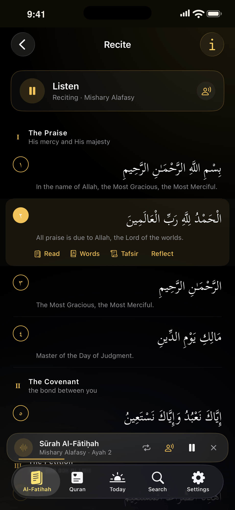 The recitation view in Opening playing Mishary Alafasy over the verses of Al-Fatihah, each with Read, Words, Tafsir and Reflect actions