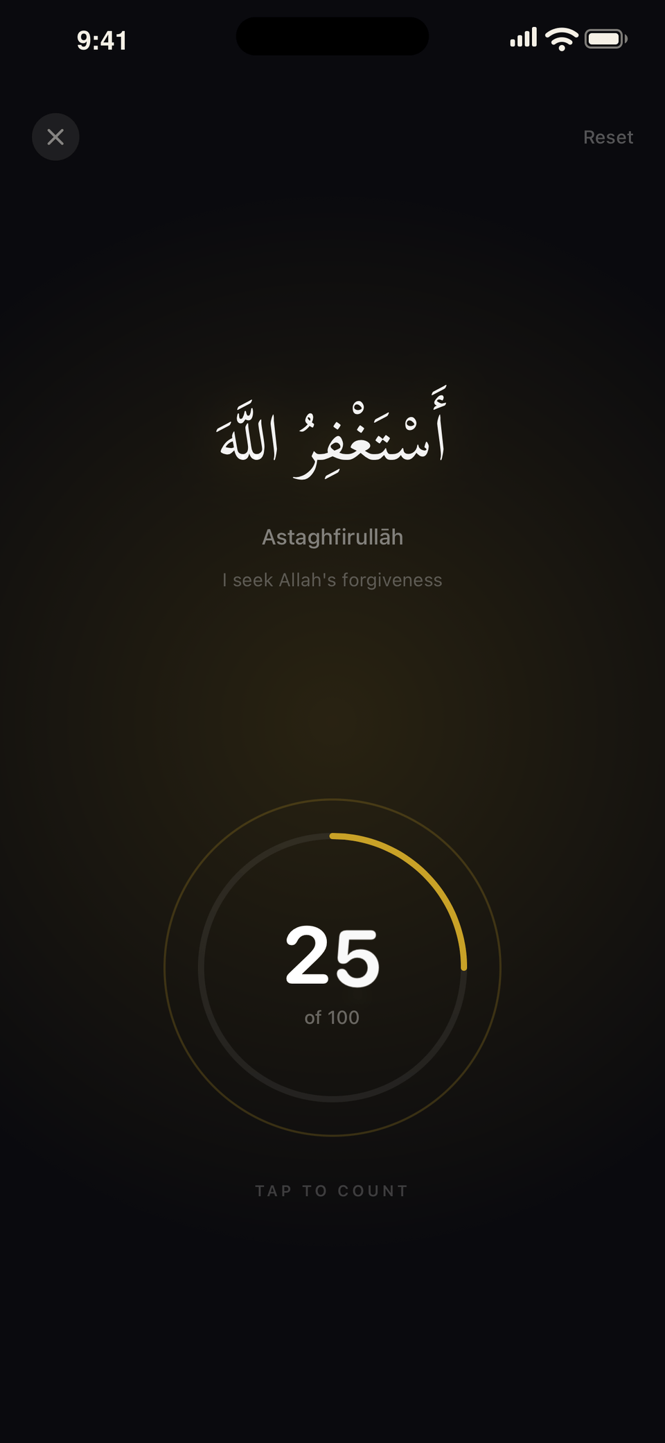 A tasbih session in Opening showing Astaghfirullah with a count of 25 of 100 around a golden ring